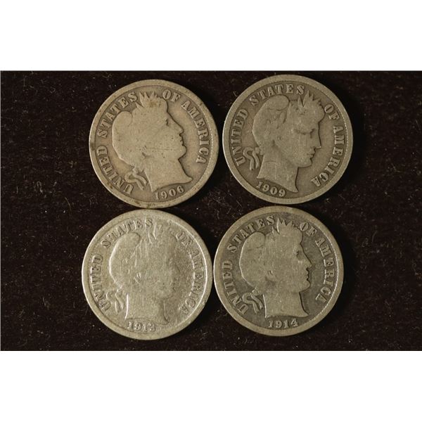 1906, 1909, 1913 & 1914-D SILVER BARBER DIMES
