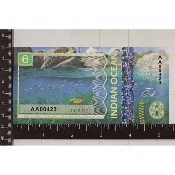 2017 INDIAN OCEAN $6 CRISP UNC COLORIZED BILL