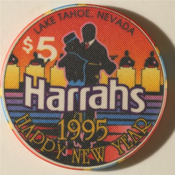 $5 HARRAHS CASINO CHIP. 1995 HAPPY NEW YEAR
