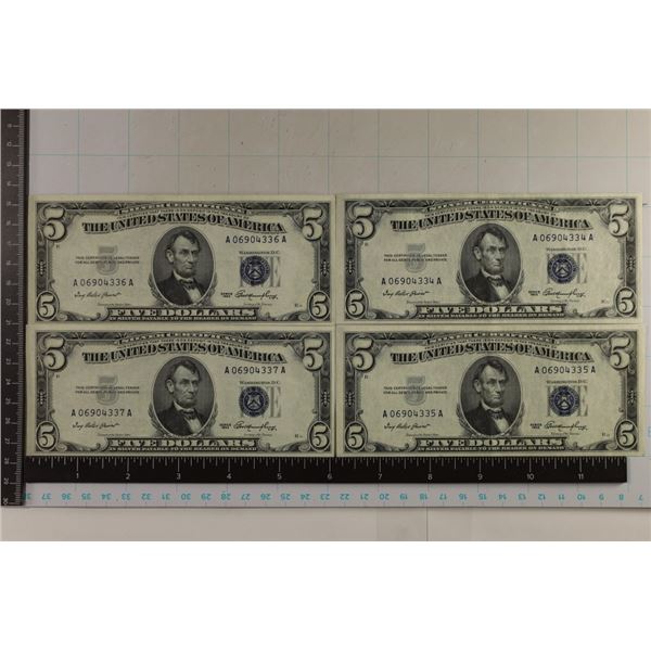 4-1953 US CONSECUTIVE SERIALS $5 SILVER CERTS, CU