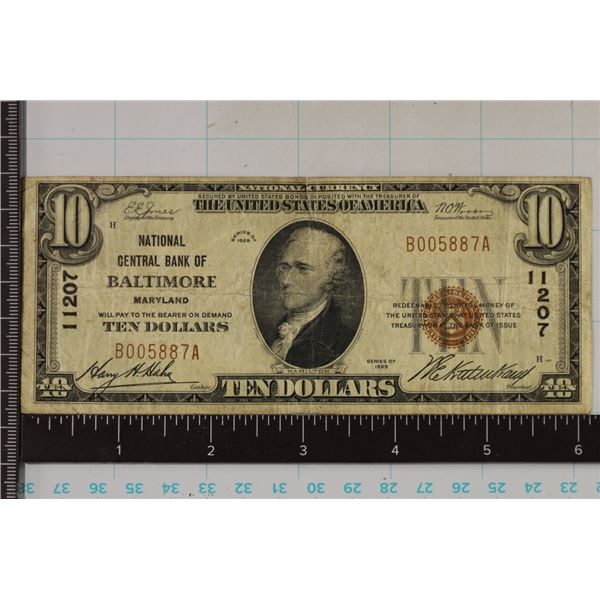 1929 US $10 NATIONAL CURRENCY, BROWN SEAL