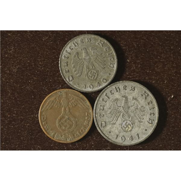3 GERMAN PFENNING COINS WITH SWASTIKAS: 1937-A ONE