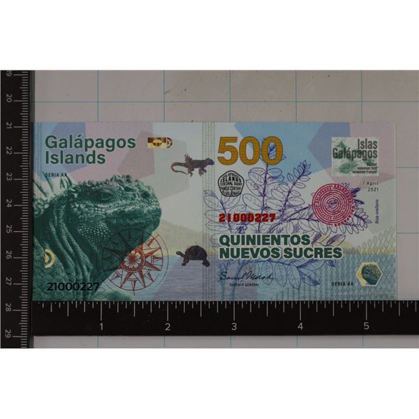 2021 GALAPAGOS ISLANDS 500 SUCRES CRISP UNC
