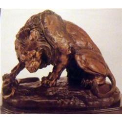 ANTOINE BARYE "LION WITH SNAKE" BRONZE SCULPTURE