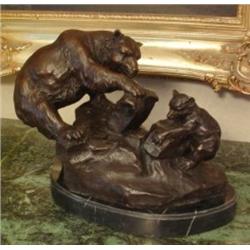 GRIZZLY MOM AND CUB SIGNED RUSSEL BRONZE SCULPTUR