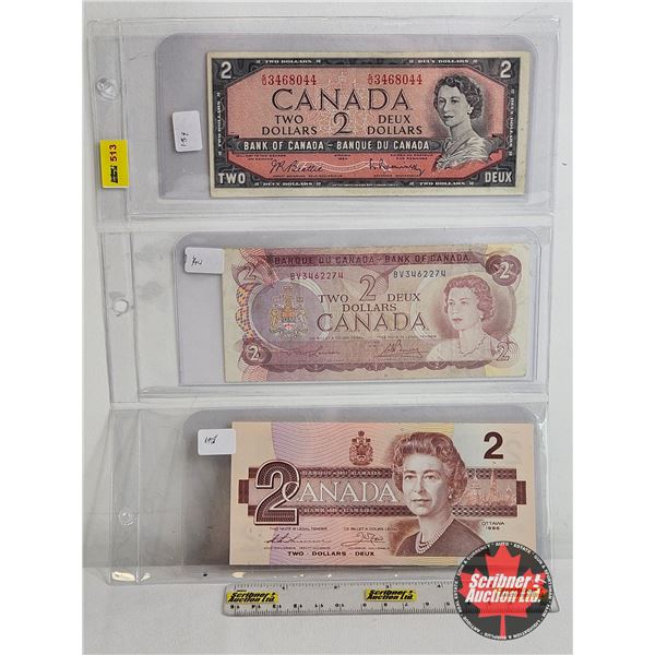 Canada $2 Bills (3) : - 1954 Beattie/Rasminsky #SU3468044 - 1974 Lawson/Bouey #BV3462274 - 1986 Thie