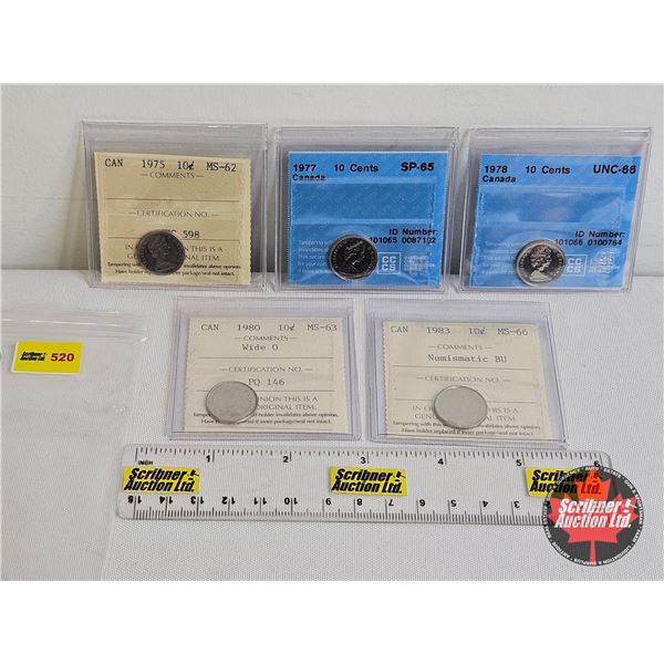Canada Ten Cent (5 Certified Coins) : - 1975 : ICCS Cert : MS-62 - 1977 : CCCS Cert : SP-65 - 1979 :