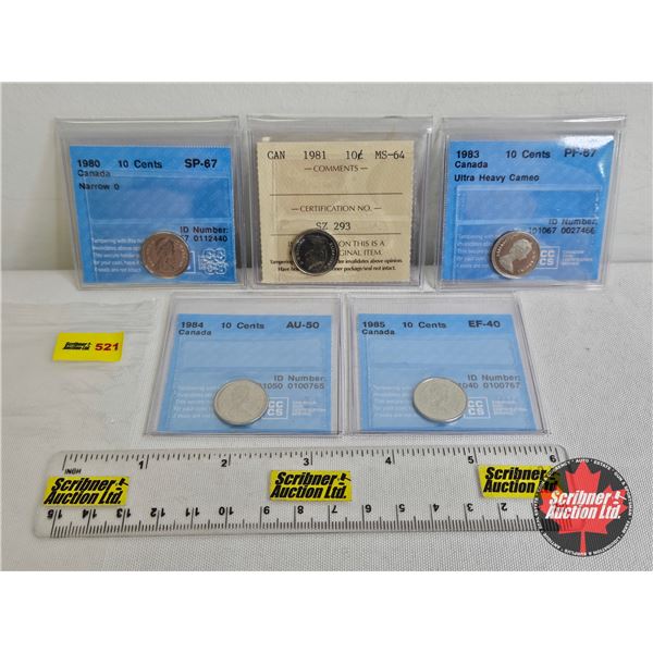 Canada Ten Cent (5 Certified Coins) : - 1980 "Narrow 0" : CCCS Cert : SP-67 - 1981 : ICCS Cert : MS-