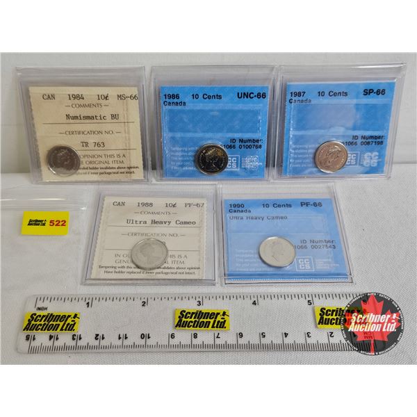 Canada Ten Cent (5 Certified Coins) : -1984 "Numismatic BU" : ICCS Cert : MS-66 - 1986 : CCCS Cert :