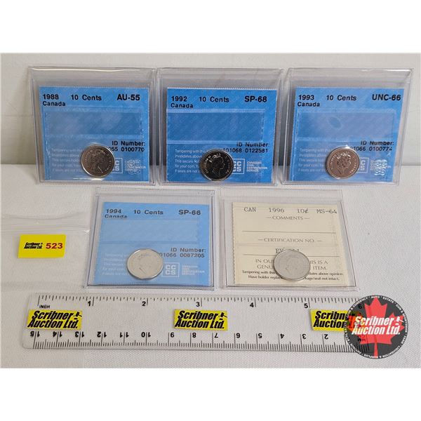 Canada Ten Cent (5 Certified Coins) : - 1988 : CCCS Cert : AU-55 - 1992 : CCCS Cert : SP-68 - 1993 :
