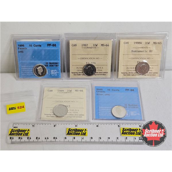 Canada Ten Cent (5 Certified Coins) : - 1996 "UHC" : CCCS Cert : PF-68 - 1997 : ICCS Cert : MS-64 - 