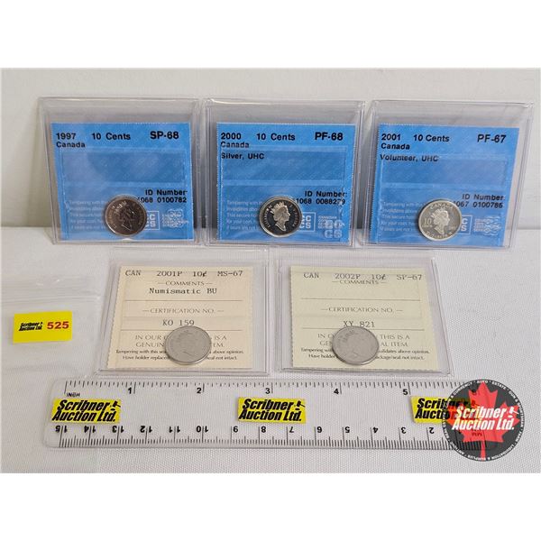 Canada Ten Cent (5 Certified Coins) : - 1997 : CCCS Cert : SP-68 - 2000 "Silver, UHC" : CCCS Cert : 