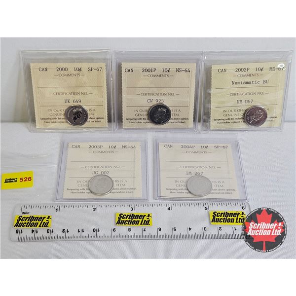 Canada Ten Cent (5 Certified Coins) : - 2000 : ICCS Cert : SP-67 - 2001P : ICCS Cert : MS-64 - 2002P