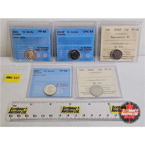 Canada Ten Cent (5 Certified Coins) : - 2002 "Silver, UHC" : CCCS Cert : PF-68 - 2003P : CCCS Cert :
