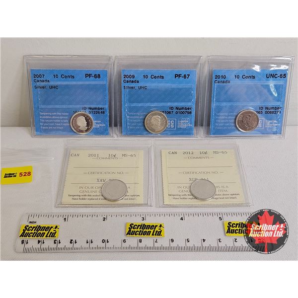 Canada Ten Cent (5 Certified Coins) : - 2007 "Silver, UHC" : CCCS Cert : PF-68 - 2009 "Silver, UHC" 