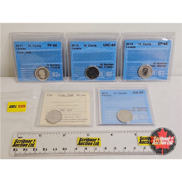 Canada Ten Cent (5 Certified Coins) : - 2011 "Silver, UHC" : CCCS Cert : PF-68 - 2013 : CCCS Cert : 
