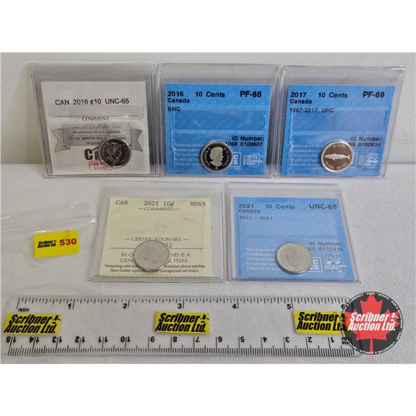 Canada Ten Cent (5 Certified Coins) : - 2016 : CMG Cert : UNC-65 - 2016 "UHC" : CCCS Cert : PF-68 - 