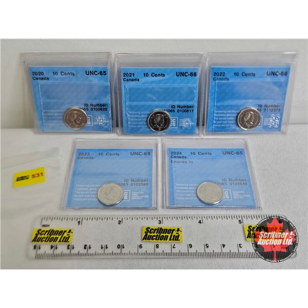Canada Ten Cent (5 Certified Coins) : - 2020 : CCCS Cert : UNC-65 - 2021 : CCCS Cert : UNC-66 - 2022