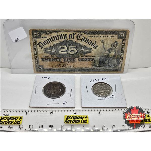Canada Coin/Bill Collector Combo (3) : - Dominion of Canada 1900 Twenty Five Cent "Shinplaster" : Bo