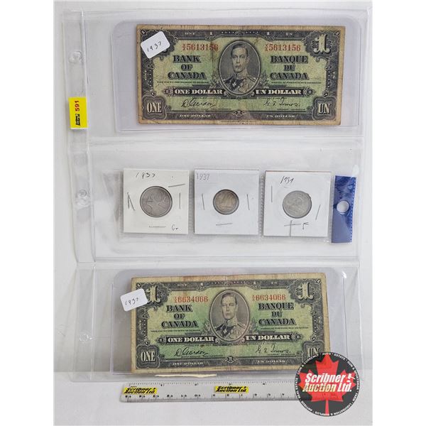 Canada 1937 Coin/Bill Collector Combo (5) : - $1 Bill : Gordon/Towers #XA5613156 - Five Cent - Ten C