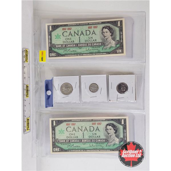 Canada 1967 Coin/Bill Collector Combo (5) : - $1 Bill : Beattie/Rasminsky 1867 1967 - Five Cent - Te