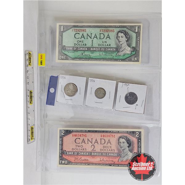 Canada 1954 Coin/Bill Collector Combo (5) : - $1 Bill : Bouey/Rasminsky #HF7292985 - Five Cent - Ten