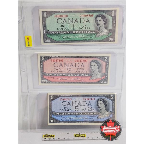 Canada 1954 Bills (3): - $1 Bill : Beattie/Rasminsky #VP0808896 - $2 Bill : Lawson/Bouey #NG4337809 