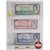 Image 1 : Canada 1954 Bills (3): - $1 Bill : Beattie/Rasminsky #VP0808896 - $2 Bill : Lawson/Bouey #NG4337809 