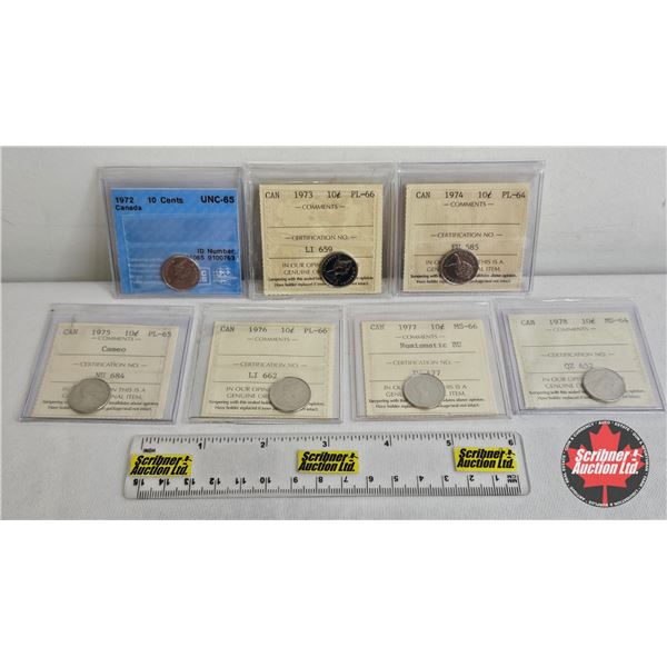 Canada Ten Cent (7 Certified Coins) : - 1972 : CCCS Cert : UNC-65 - 1973 : ICCS Cert : PL-66 - 1974 