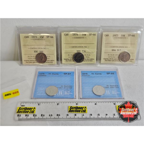 Canada Ten Cent (5 Certified Coins) : - 1973 : ICCS Cert : SP-64 - 1974 : ICCS Cert : SP-66 - 1975 :
