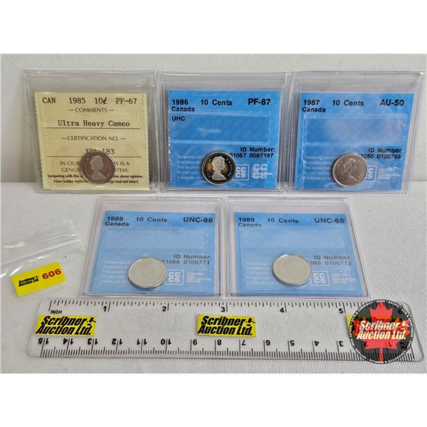 Canada Ten Cent (5 Certified Coins) : - 1985 "Ultra Heavy Cameo" : ICCS Cert : PF-67 - 1986 "UHC" : 