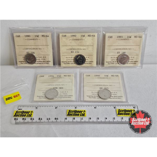Canada Ten Cent (5 Certified Coins) : - 1990 : ICCS Cert : MS-64 - 1992 : ICCS Cert : MS-64 - 1993 :