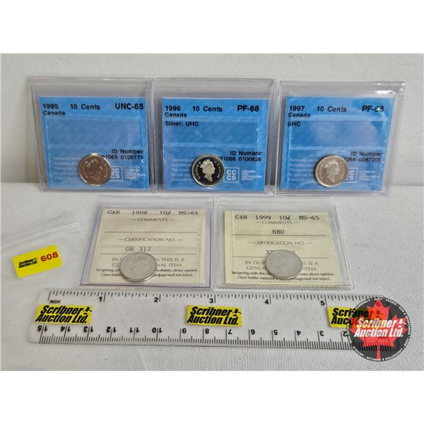 Canada Ten Cent (5 Certified Coins) : - 1995 : CCCS Cert : UNC-65 - 1996 "Silver, UHC" : CCCS Cert :