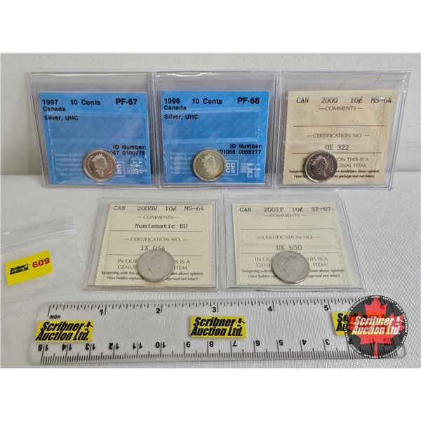 Canada Ten Cent (5 Certified Coins) : - 1997 "Silver, UHC" : CCCS Cert : PF-67 - 1998 "Silver, UHC" 