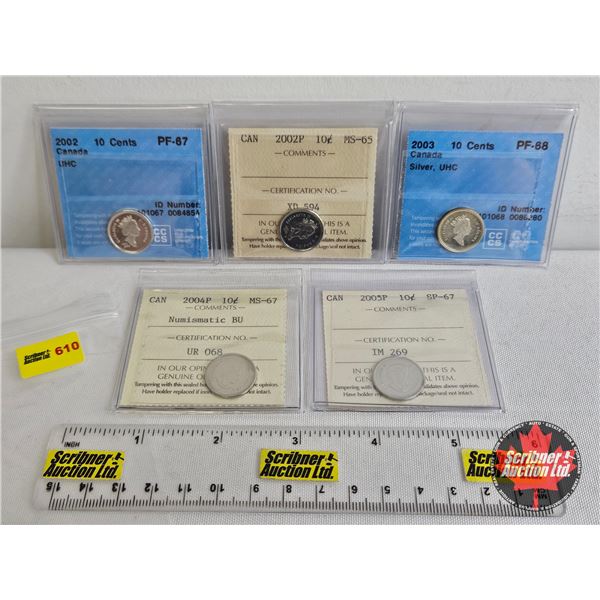 Canada Ten Cent (5 Certified Coins) : - 2002 "UHC" : CCCS Cert : PF-67 - 2002P : ICCS Cert : MS-65 -