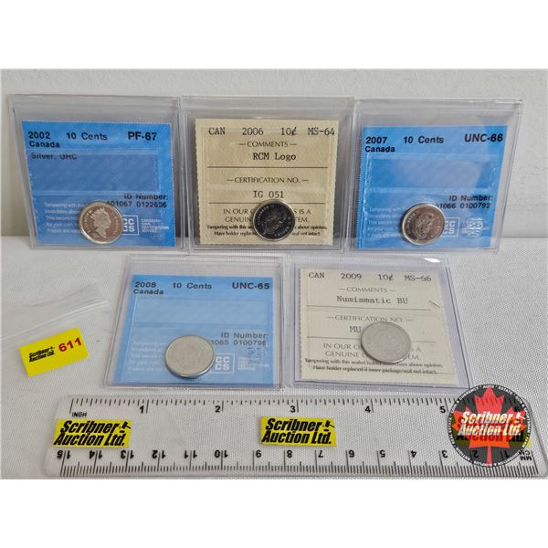 Canada Ten Cent (5 Certified Coins) : - 2002 "Silver, UHC" : CCCS Cert : PF-67 - 2006 "RCM Logo" : I