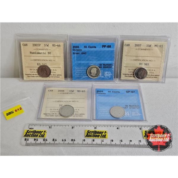 Canada Ten Cent (5 Certified Coins) : - 2005P "Numismatic BU" : ICCS Cert : MS-66 - 2006 "Silver, UH