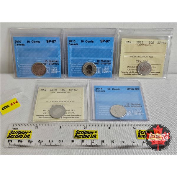 Canada Ten Cent (5 Certified Coins) : - 2007 : CCCS Cert : SP-67 - 2010 : CCCS Cert : SP-67 - 2011 :