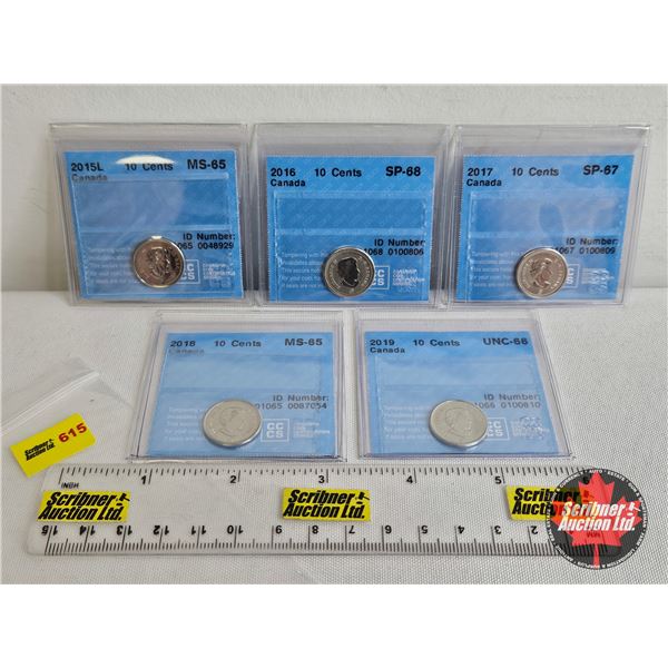 Canada Ten Cent (5 Certified Coins) : - 2015L : CCCS Cert : MS-65 - 2016 : CCCS Cert : SP-68 - 2017 