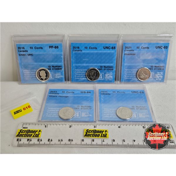 Canada Ten Cent (5 Certified Coins) : - 2016 "Silver, UHC" : CCCS Cert : PF-68 - 2018 : CCCS Cert : 