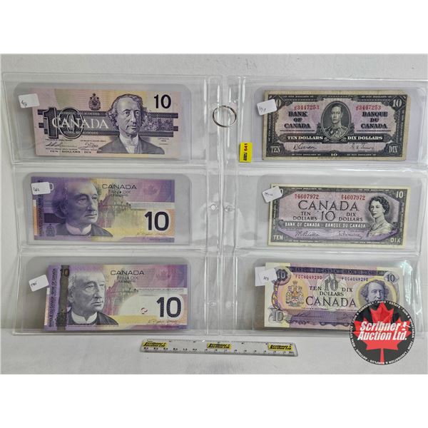 Canada $10 Bills Collector Combo (6 Bills):  - 1937 : Gordon/Towers #JD3447253 - 1954 : Beattie/Rasm