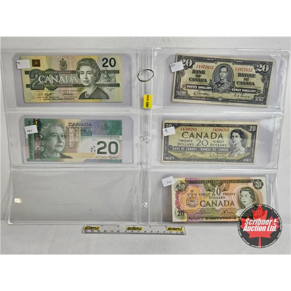 Canada $20 Bills Collector Combo (5 Bills):  - 1937 : Gordon/Towers #EE1877652 - 1954 : Beattie/Rasm