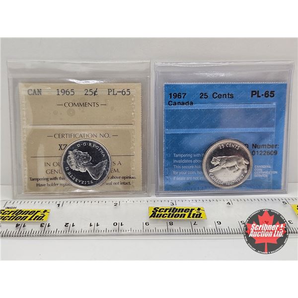 Canada Twenty Five Cent (2 Certified Coins) : - 1965 : ICCS Cert : PL-65 - 1967 : CCCS Cert : PL-65