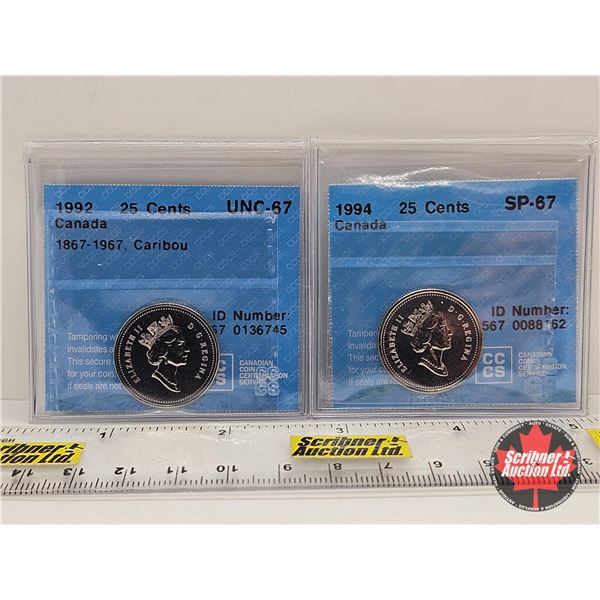 Canada Twenty Five Cent (2 Certified Coins) : - 1992 "1867-1967, Caribou" : CCCS Cert : UNC-67 - 199
