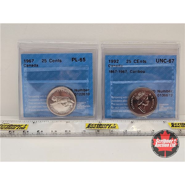 Canada Twenty Five Cent (2 Certified Coins) : - 1967 : CCCS Cert : PL-65 - 1992 "1867-1967, Caribou"