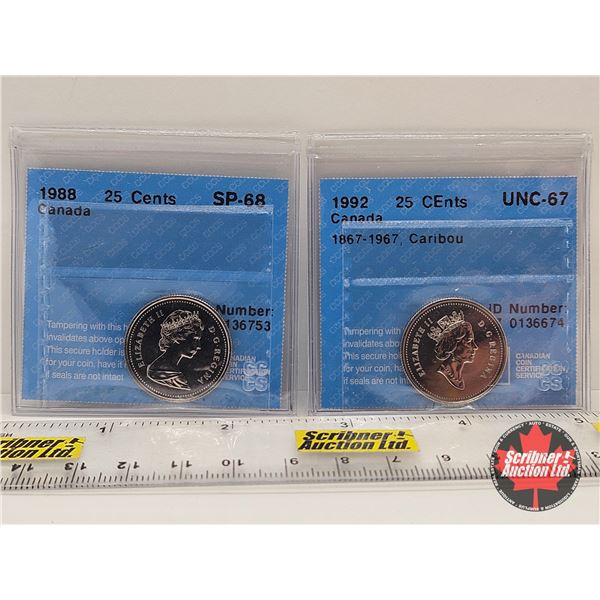 Canada Twenty Five Cent (2 Certified Coins) : - 1988 : CCCS Cert : SP-68 - 1992 "1867-1967, Caribou"