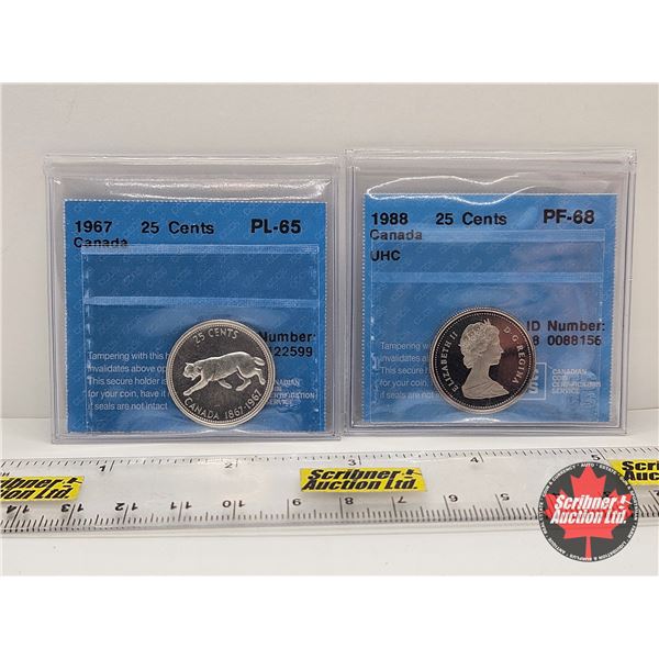 Canada Twenty Five Cent (2 Certified Coins) : - 1967 : CCCS Cert : PL-65 - 1988 "UHC" : CCCS Cert : 