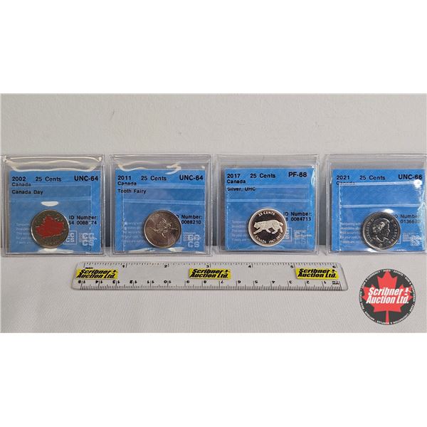 Canada Twenty Five Cent (4 Certified Coins) : - 2002 "Canada Day" : CCCS Cert : UNC-64 - 2011 "Tooth