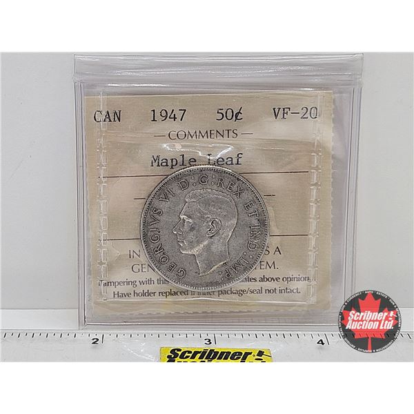 Canada Fifty Cent 1947 "Maple Leaf" : ICCS Cert : VF-20