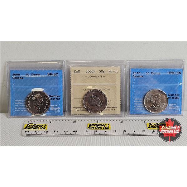 Canada Fifty Cent (3 Certified Coins) : - 2000 : CCCS Cert : SP-67 - 2006P : ICCS Cert : MS-65 - 201